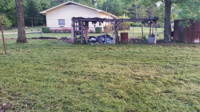 Yard after professional yard cleaning services in Chattanooga, showing neatly trimmed grass and a cleared backyard pergola area.