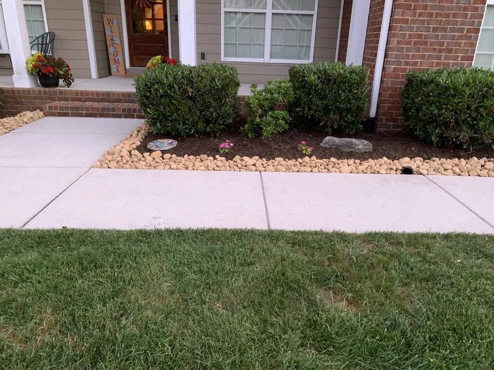 Front yard with concrete sidewalk, trimmed shrubs, rock border, mulch, and small flowers.